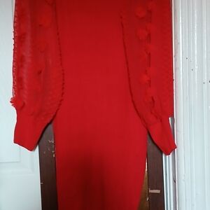 Elegant Red SWEATER Dress with Sheer Sleeves